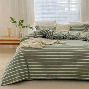 NEW West Elm Boho Green Stripe Queen / King Cotton Linen Bedding Duvet Sham Set